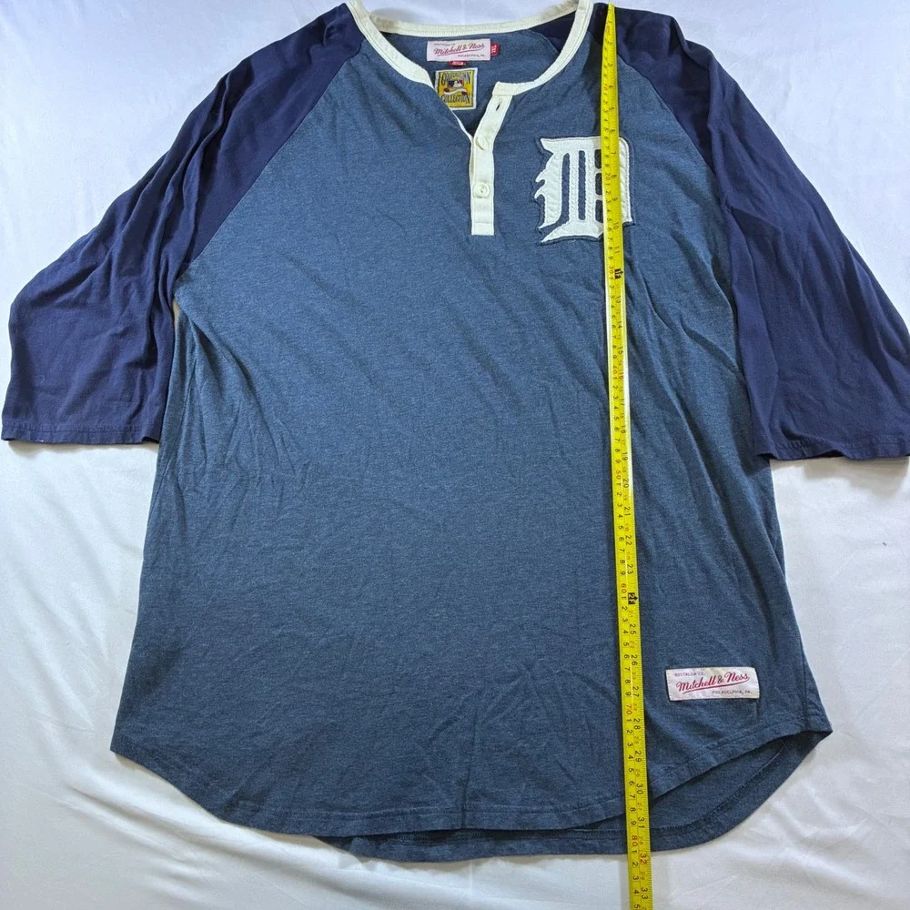 Mitchell & Ness Detroit Tigers Cooperstown Henley Shirt Mens 2XL Blue 3/4 Sleeve